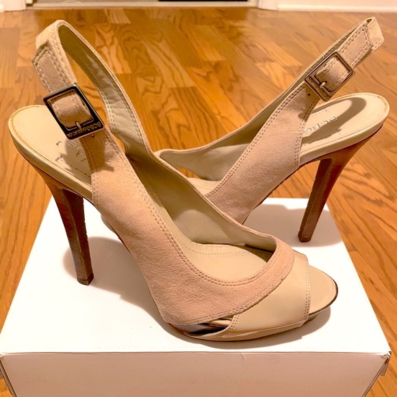 BCBG NUDE PATENT LEATHER SUEDE PUMPS - Picture 1 of 4